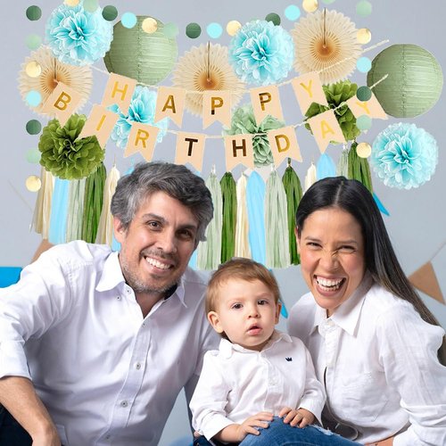 Sage Green and Blue Birthday Decorations Boy Olive Sage Green and Light Blue Birthday Decorations Beige Paper Fans Pom Poms Olive Cream Tassel Garland Party with Banner Beige Gold