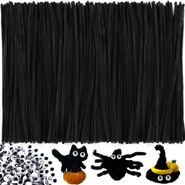 200pcs Black Pipe Cleaners and self-Adhesive Wiggle Eyes, Christmas Pipe Cleaners, Pipe Cleaners Bulk, Art and Craft Supplies, Chenille Stems Pipe Cleaners, Pipe Cleaner Crafts