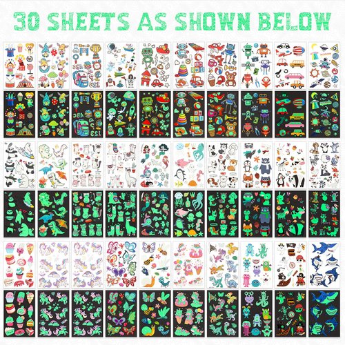 Sinmoe 400 Pieces Glow Temporary Tattoos for Kids Waterproof Luminous Mixed Style Cartoon Tattoo, Unicorn Dinosaur Mermaid Animal Fake Tattoo Stickers Party Supplies, 30 Sheets