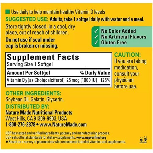 Nature Made Vitamin D3 25 mcg 650 Softgels,Stay Healthy and Meet Your Vitamin D 1000 IU- Bundled with nalkotSupliment-Guide
