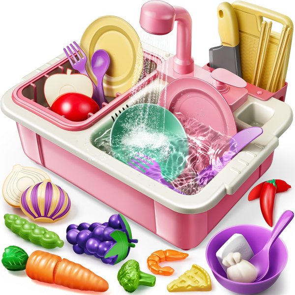 Geyiie Kids Sink with Running Water, Toddler Kitchen Sink Toy with Real Faucet, Chopping Foods, Play Dishes and Dish Rack, 30Pcs Pretend Dishwasher Toys Accessories, Learning Gift for Girls Boys