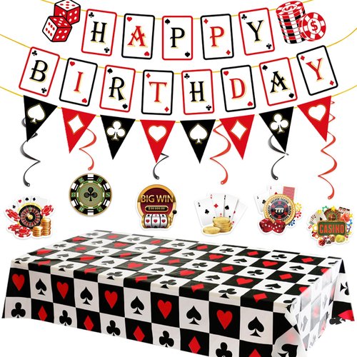 Casino Theme Party Decorations Casino Birthday Banner Poker Tablecloth Casino Hanging Swirl Decorations Poker Party Decorations for Casino Poker Party Supplies