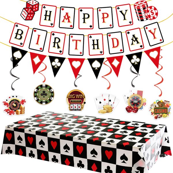 Casino Theme Party Decorations Casino Birthday Banner Poker Tablecloth Casino Hanging Swirl Decorations Poker Party Decorations for Casino Poker Party Supplies