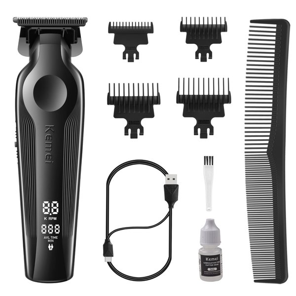 KEMEI Hair Trimmer for Men, Zero Gapped Cordless Hair Clippers Beard Trimmer with T Blade, Rechargeable Barber Clippers with LED Display, Black