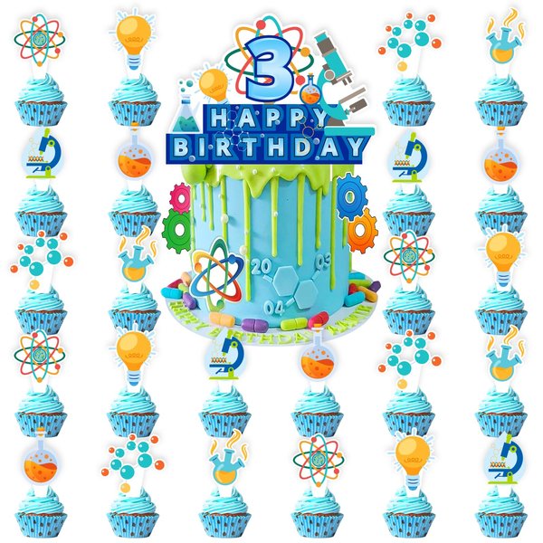 25pcs Science 3rd Birthday Party Supplies, Chemistry School Cupcake Toppers Decorations, Scientis tlaboratory Theme Happy Birthday Kids Cupcake Toppers Decoration (3rd)