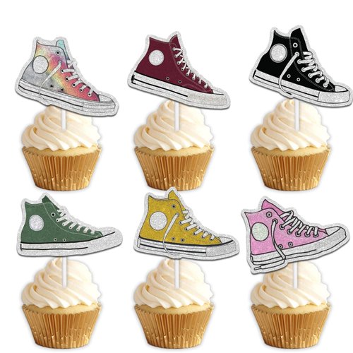 18pcs Colorful Glitter Dessert Cupcake Topper Pick for 80s 90s Sports Shoes Plimsolls Theme Decor Supplies Boys Girls Happy Birthday Party Decorations