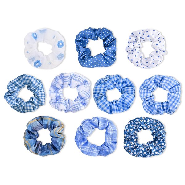 Yonchic 10-Piece Plaid Polka Dot Solid Colorful Scrunchies for Women Girls, No Damage Elastic Hair Ties, Bulk Ponytail Holder Hair Bands, Fashion Rubber Band Hair Accessories for Thin Thick Hair(Blue)