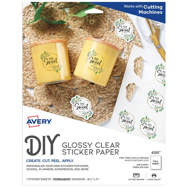 Avery Printable Sticker Paper, 8.5" x 11", Laser & Inkjet Printers, Glossy Clear, 7 Sticker Sheets (4397)