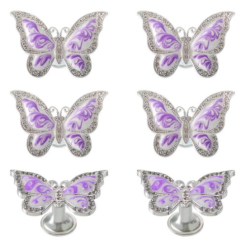 Butterfly Cabinet Knobs,6 Pieces Butterfly Knobs Single Hole Pulls Handles Decorative Door Cabinet Drawer Cupboard Furniture Door Wardrobe (Purple)