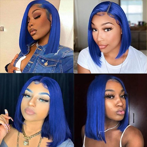 Pre Plucked 13X4 Straight Blue Bob Wig Human Hair HD Lace Frontal Wigs With Baby Hair Natural Hairline 100% Unprocessed Human Hair HD Transparent Lace Frontal Blunt Cut Blue Bob Wigs For Black Women