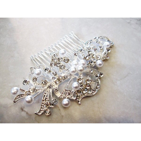Generic Crystal and pearl silver hair comb barrette clip bridal clip silver bridal, 2