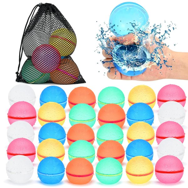 98K Reusable Water Balloons 30Pcs with Mesh Bag, Self Sealing Silicone Ball Latex-Free, No Clean Hassle, Easy to Fill, Summer Water Toys Swimming Pool Beach Park Yard Outdoor Games Party Supplies