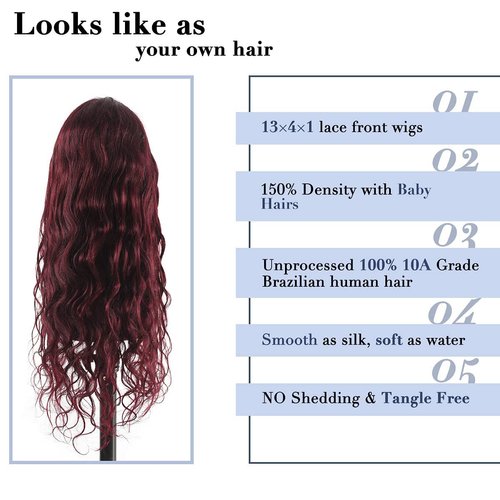 Miz Barn Lace Frontal Wigs 13X4X1 Human Hair Body Wave Wig Pre Plucked Lace Front Wigs Human Hair Brazilian Virgin Hair Lace Frontal Wig with Baby Hair Deep Curly Wigs for Women 26 Inch (BURGUNDY#)