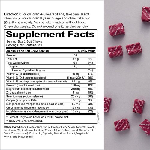 SmartyPants Kids Mineral Chews: Magnesium Citrate & Calcium Supplement with Vitamin D3, Vitamin C, Vitamin K2, Zinc & Selenium for Immune Support, 60 Count (30 Day Supply)