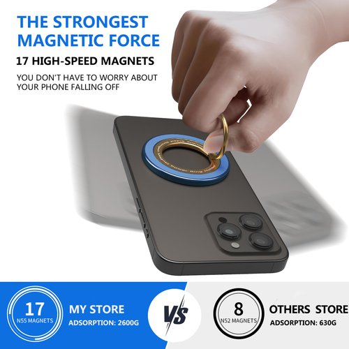 Magnetic Phone Ring Holder for MagSafe pop Socket,【Two-Sided Magnetic】 360° Rotation Magnetic Phone Grip for iPhone 16/15/14/13/12 Series/Samsung/Google,Pop Socket for iPhone(Blue with Gold)