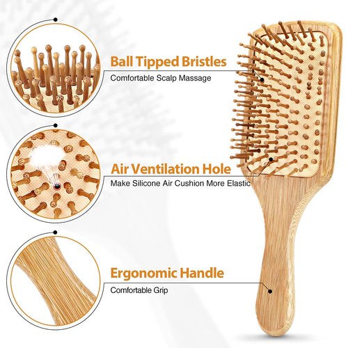 Pack of 2 Bamboo Hair Brushes, 100% Natural Eco-friendly Hair Brush with Bamboo Bristles, Massages Scalp Anti-Static Hair Detangle for All Types, Lightweight (Paddle)