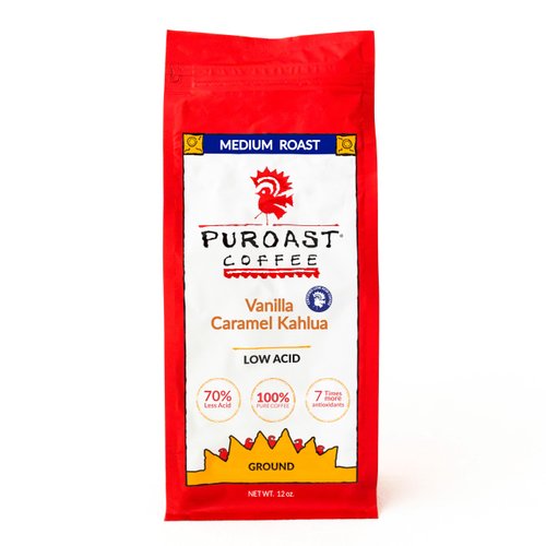 Puroast Low Acid Coffee Ground Vanilla Caramel Kahlua, Medium Roast, Certified Low Acid Coffee, pH 5.5+, Gut Health, 12 oz., Higher Antioxidant, Smooth for Espresso, Iced Coffee, Flavored Coffee