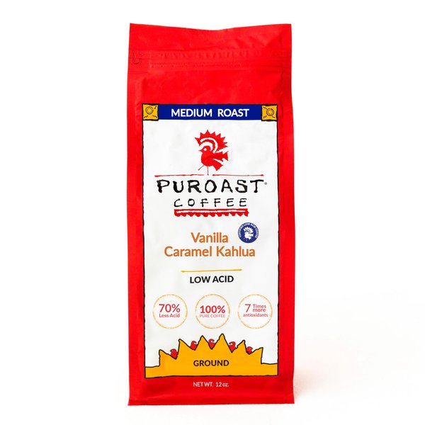 Puroast Low Acid Coffee Ground Vanilla Caramel Kahlua, Medium Roast, Certified Low Acid Coffee, pH 5.5+, Gut Health, 12 oz., Higher Antioxidant, Smooth for Espresso, Iced Coffee, Flavored Coffee