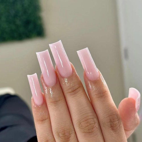 Light Pink Press on Nails Square Long Fake Nails Glossy Solid Color False Nails Full Cover Stick on Nails Acrylic Artificial Nails Glue on Nails for Women Nail Art Decorations 24Pcs