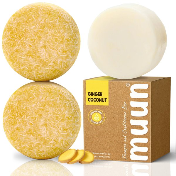 Muun Shampoo Bar Pack 3 - Ginger & Coconut - pH Balanced Hair Growth, Anti Hair Loss, Hair Regrowth Solid Soap Easy for Travel - Sulfate & Silicone Free For All Hair Type