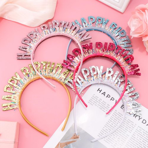 5Pcs Happy Birthday Headband for Women, Glitter Rainbow Tassel Birthday Crown for Girls, Birthday Party Decorations for Toddler, Birthday Tiara Hair Accessory for Kids, Sweet Birthday Gifts