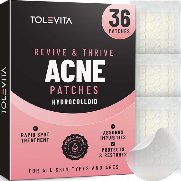TOLEVITA - Acne Patches with Hydrocolloid, Acne Patches for Face, Covering Blemishes and Zits, for All skin Types - 36 Patches