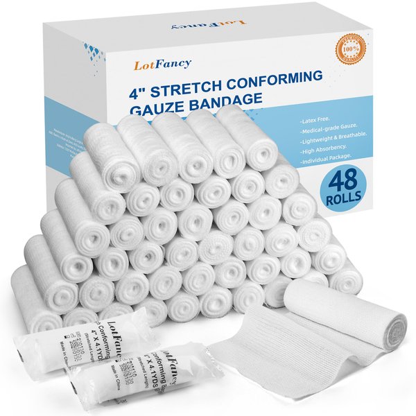 LotFancy Gauze Bandage Roll, 48-Count Gauze Wrap, 4" x 4 Yards Stretched, Conforming Gauze Rolls, Medical Wound Care Supplies for First Aid