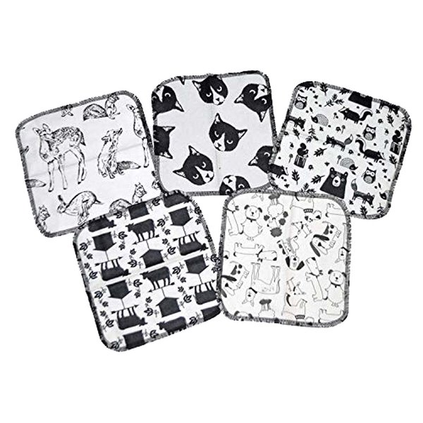 2 Ply Printed Flannel 8x8 Inches Set of 5 Little Wipes Black and White Animals - Proudly Made in the USA!
