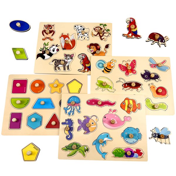 Wooden Peg Puzzles for Toddlers, 4 Pack Toddler Puzzles Set with Wooden Knobs, Preschool Learning Educational Animals Shapes Insects Pegged Puzzle Toys for 2 3 Year Old (Style 1)