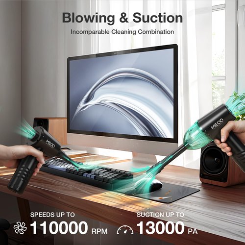 Compressed Air Duster & Mini Vacuum Cleaner 4in1, MECO 3 Gear 110000RPM Electric Air Blower, 13000PA Keyboard Cleaner,Rechargeable Handheld Vacuum Cordless Air Duster for PC/Computer/Keyboard/Sofa/Car
