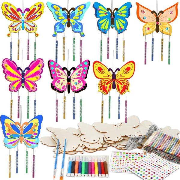 16 Pack Butterfly Wind Chime Kits Butterfly Crafts for Kids Make Your Own Butterfly Wind Chime Wooden DIY Arts and Crafts for Summer Party School Classroom Decorations Supplies Birthday Favors