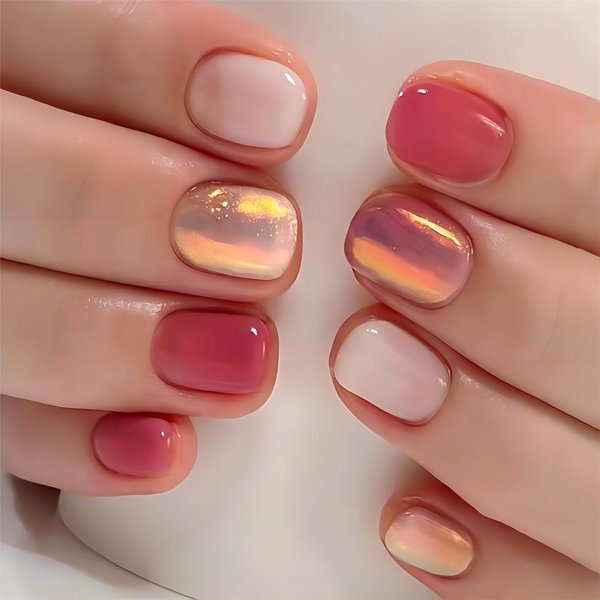 Extra Short Press on Nails Pink Square Fake Nails Acrylic False Nails with Glitter Powder Design Gold Artificial Glue on Nails Short White Ombre Stick on Nails for Women 24Pcs