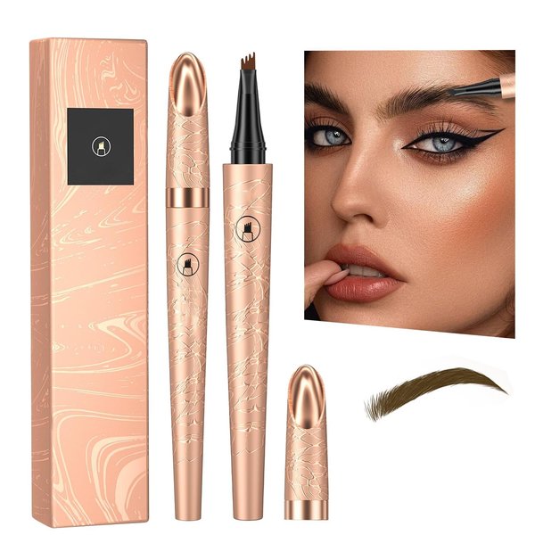 2PCS 3D Microblading Eyebrow Tattoo Pencil 4 Fork Tip, Waterproof Microblading Eyebrow Pencil Contouring Pen, For Natural-Looking Eyebrows,With Micro-Fork Tip(Black and Dark Brown)