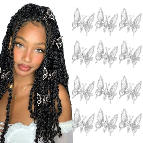 DEEKA 12 PCS 3D Moving Butterfly Hair Clips Metal Silver Moving Wings Butterfly Hair Accessories 90s Hair Clips Barrette for Women and Girls -Silver