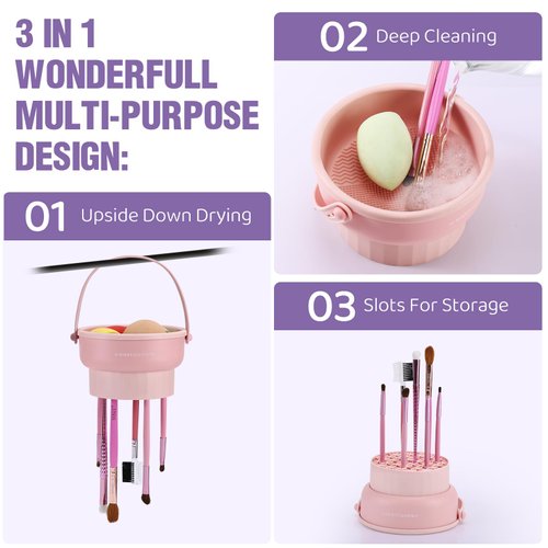 Makeup Brush Cleaner Mat 3 in 1 Silicone Makeup Brush Cleaner Bowl with Brush Drying Holder Cosmetic Brushes Cleaning Tool Organizer for Storage & Air Dry (Purple)…