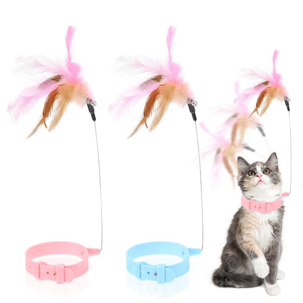 2Pcs Cat Collar Toy, Adjustable Cat Feather Neck Collar Toy Cat Teasing Wand with Silicone Collar, Funny Cat Stick, Interactive Self Playing Toys Bell for Indoor Cat Playing Small Animals(Blue, Pink)