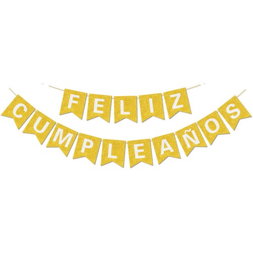 Pre-Strung Happy Birthday Banner - NO DIY - with Shiny Letters Glitter FELIZ CUMPLEAÑOS DECORATIONS Banner for Gold Birthday Party Decorations and Supplies