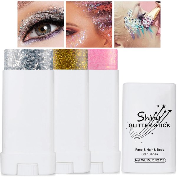 3 Pcs Body Glitter Stick, Waterproof Mermaid Face Glitter Gel, Holographic Mermaid Sequins Chunky Glitter, Music Festival Chunky Glitter Makeup for Body, Face, Hair and Lip (Siliver&Gold&Pink)