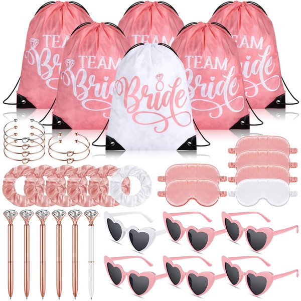 Wavwavw 36 Pcs Bridesmaids Proposal Gift Set Bridal Bridesmaid Drawstring Bag Sets with Hair Scrunchies Sunglasses Knotted Bracelets Diamond Pens Eye Mask for Bridesmaid Wedding Bachelorette Party
