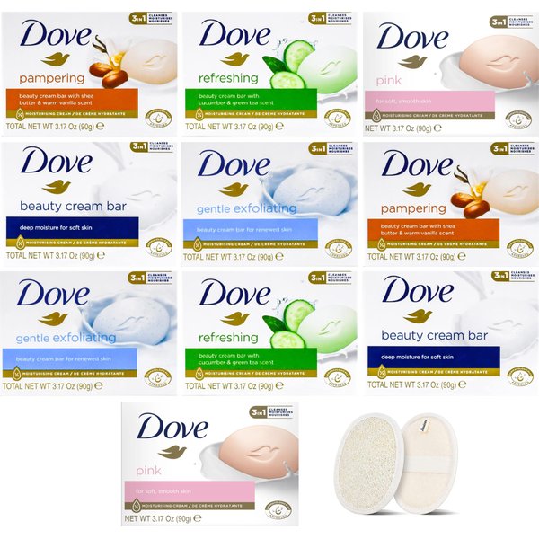 BASICOS 8Pack Dove Beauty Bar Soap Variety Set – Mild for Skin – 4 Random Scents: Exfoliating, White, Pink, Refreshing, Shea – 2 Bars Each (3.17oz) – Plus Loofah Sponge