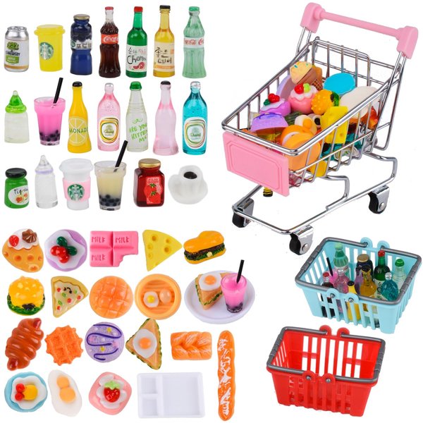 U-Zimikee 45 Pcs Mini Shopping Cart Baskets Mini Food Drink Bottles Supermarket Metal Handcart Toys Shopping Cart for Kids Mini Food Toys Dollhouse Grocery Store Pretend Play
