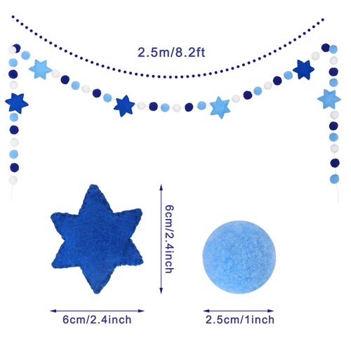 Whaline Hanukkah Felt Banner Hexagram Star Felt Garland Blue White Chanukah Pompom Party Decorative Hanging Bunting Banner for Home Wall Door Fireplace Party Supplies, 8.2Ft