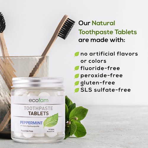 Ecofam Chewable Toothpaste Tablets - 90 Natural Peppermint Tabs - Zero Waste Glass Jar - Fluoride-Free -with Nano Hydroxyapatite - Made in The USA