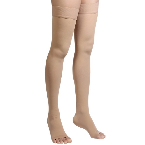 Thigh High Compression Stockings, Open Toe, Pair, Firm Support 20-30mmHg Gradient Compression Socks with Silicone Band, Unisex, Opaque, Best for Spider & Varicose Veins, Edema, Swelling, Beige XXL