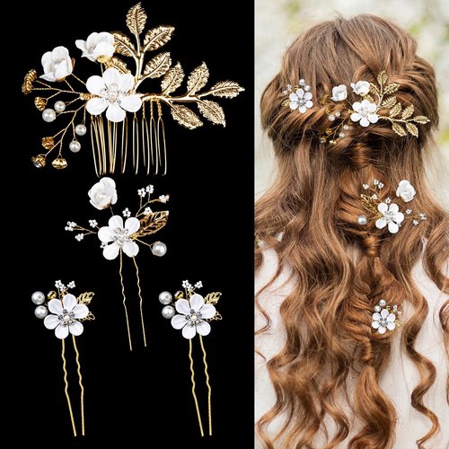4 Pieces Wedding Flower Hair Pins Pearl Rhinestone Bridal Hair Combs Vintage Hair Forks Wedding Hair Accessories Headpiece Hair Clips for Brides Bridesmaids Women and Girls (White)