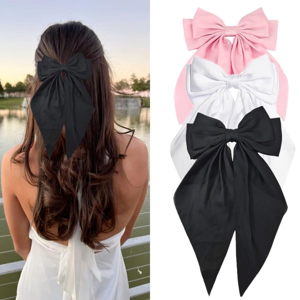 YosaiHom Hair Bows for Women, Bow Hair Ribbons for Girls, Bow Hair Clips for Women, Silky Satin Oversized Long Tail Bow Claw Clips, Cute Hair Accessories for Women (3PCS-A)