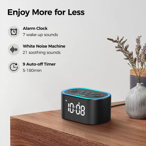 Reacher Digital Alarm Clock & White Noise Sound Machine, 21 Soothing Sounds, 7 Wake Up Sounds, 8 Night Lights, 32-Level Volume, 9 Sleep Timer, Memory Function for Adult, Kid, Bedside, Bedroom