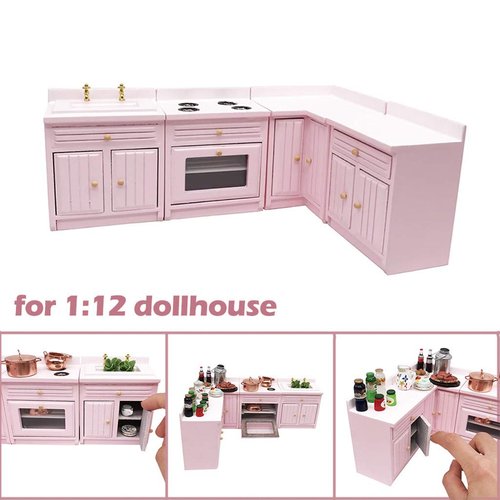 SXFSE Dollhouse Decoration Accessories,1:12 Dollhouse Miniature Furniture Wooden Kitchen Cabinet Set Freely Combined (Pink)