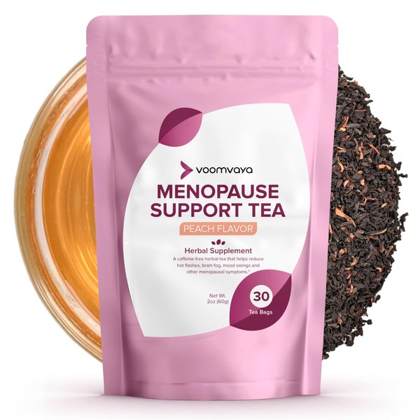 VoomVaya Menopause Support Tea - Natural Menopause Relief For Women with Red Clover & Black Cohosh - Alleviates Hot Flashes, Night Sweats, Mood Swings - Peach Flavor - 30 Teabags
