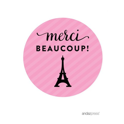 Andaz Press Paris Bonjour Bebe Girl Baby Shower Collection, Round Circle Label Stickers, Merci Beaucoup!, 40-Pack, Paris France, Travel, Pink Themed Party Decorations